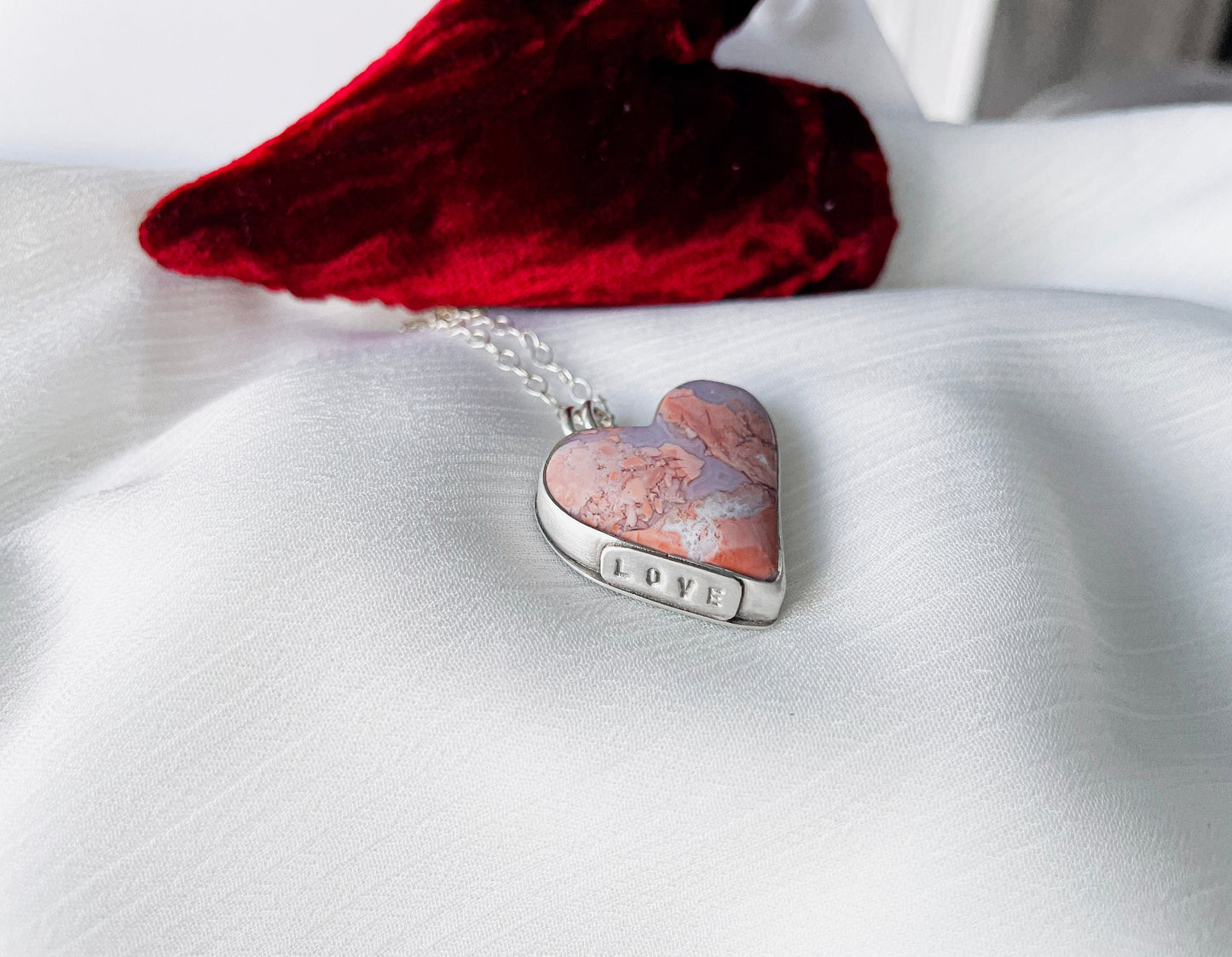 Cotton Candy Agate | Love Note Collection Heart Pendant Necklace LOVE