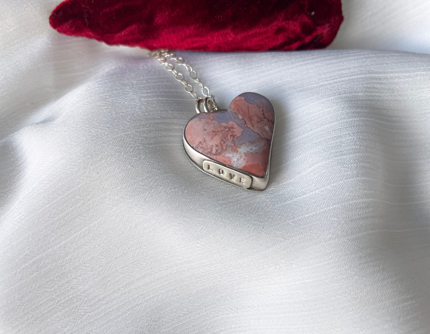 Cotton Candy Agate | Love Note Collection Heart Pendant Necklace LOVE