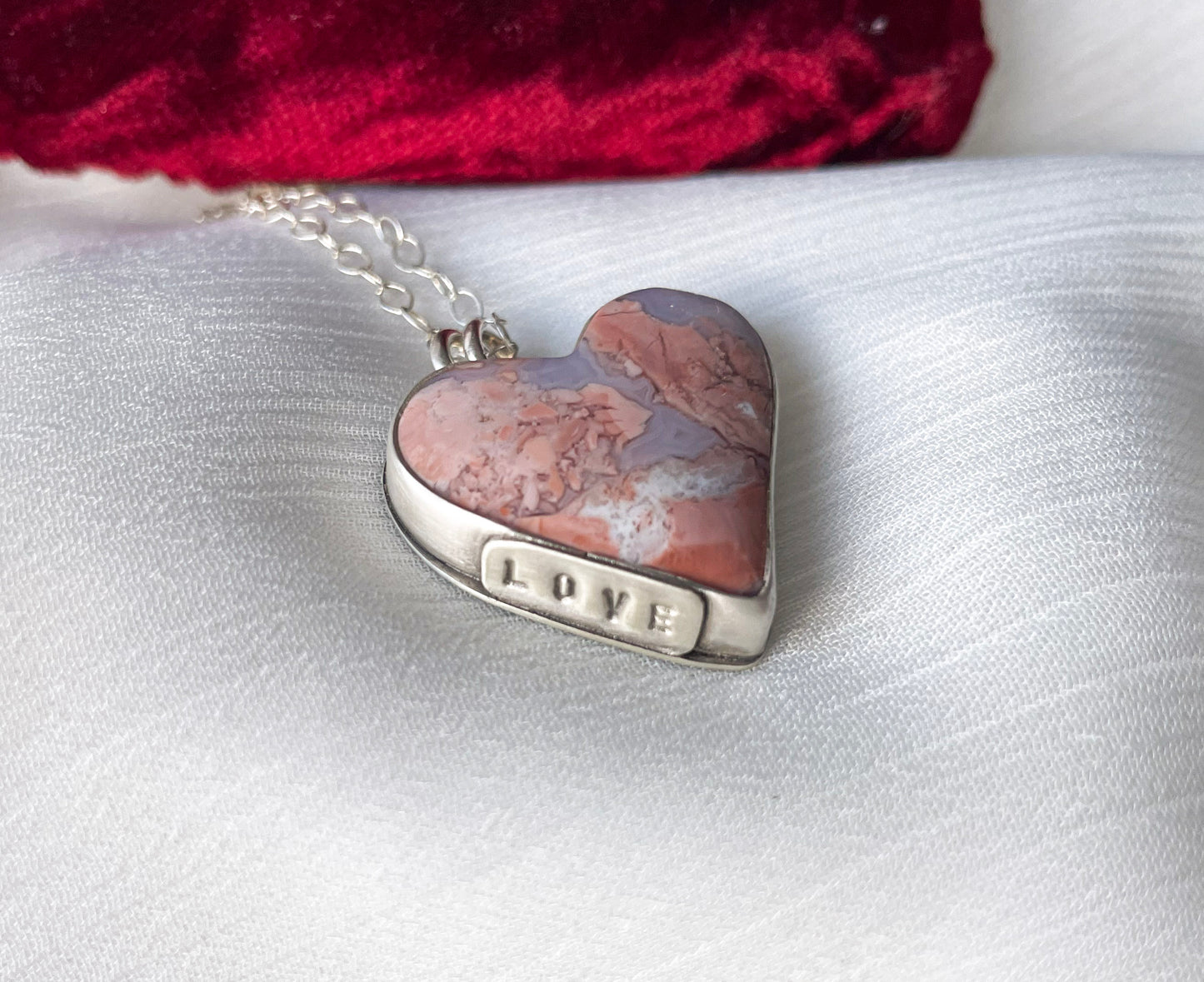 Cotton Candy Agate | Love Note Collection Heart Pendant Necklace LOVE
