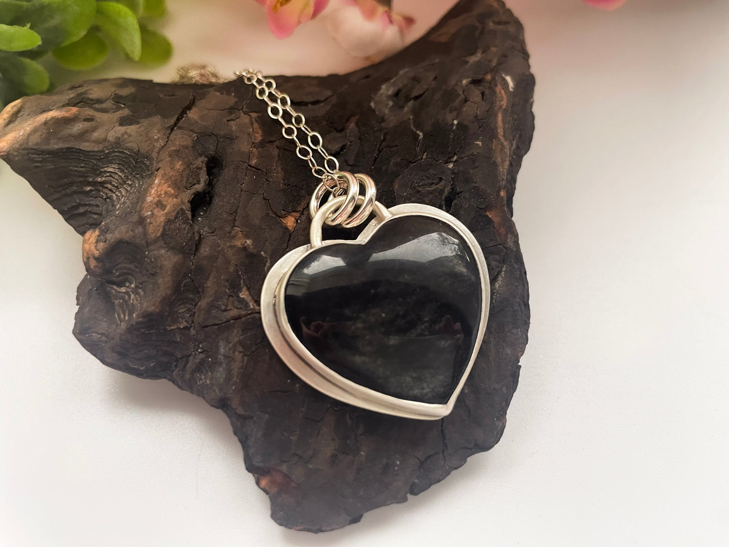 Silver Sheen Obsidian| Love Note Collection Hearts Pendant Necklace REFLECT