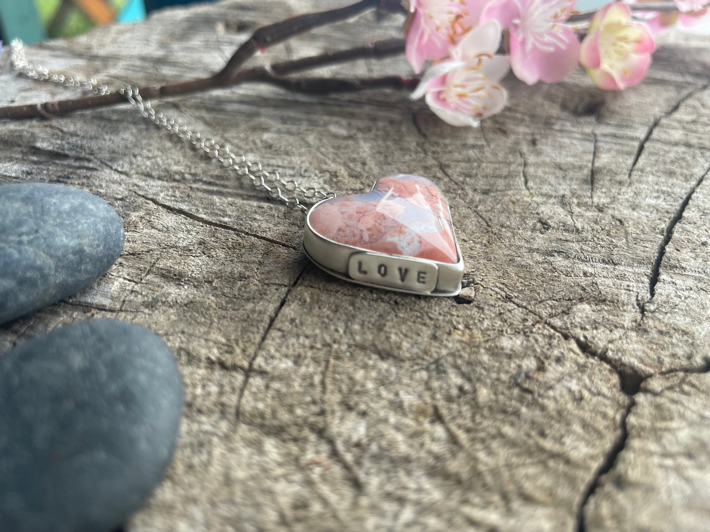 Cotton Candy Agate | Love Note Collection Heart Pendant Necklace LOVE