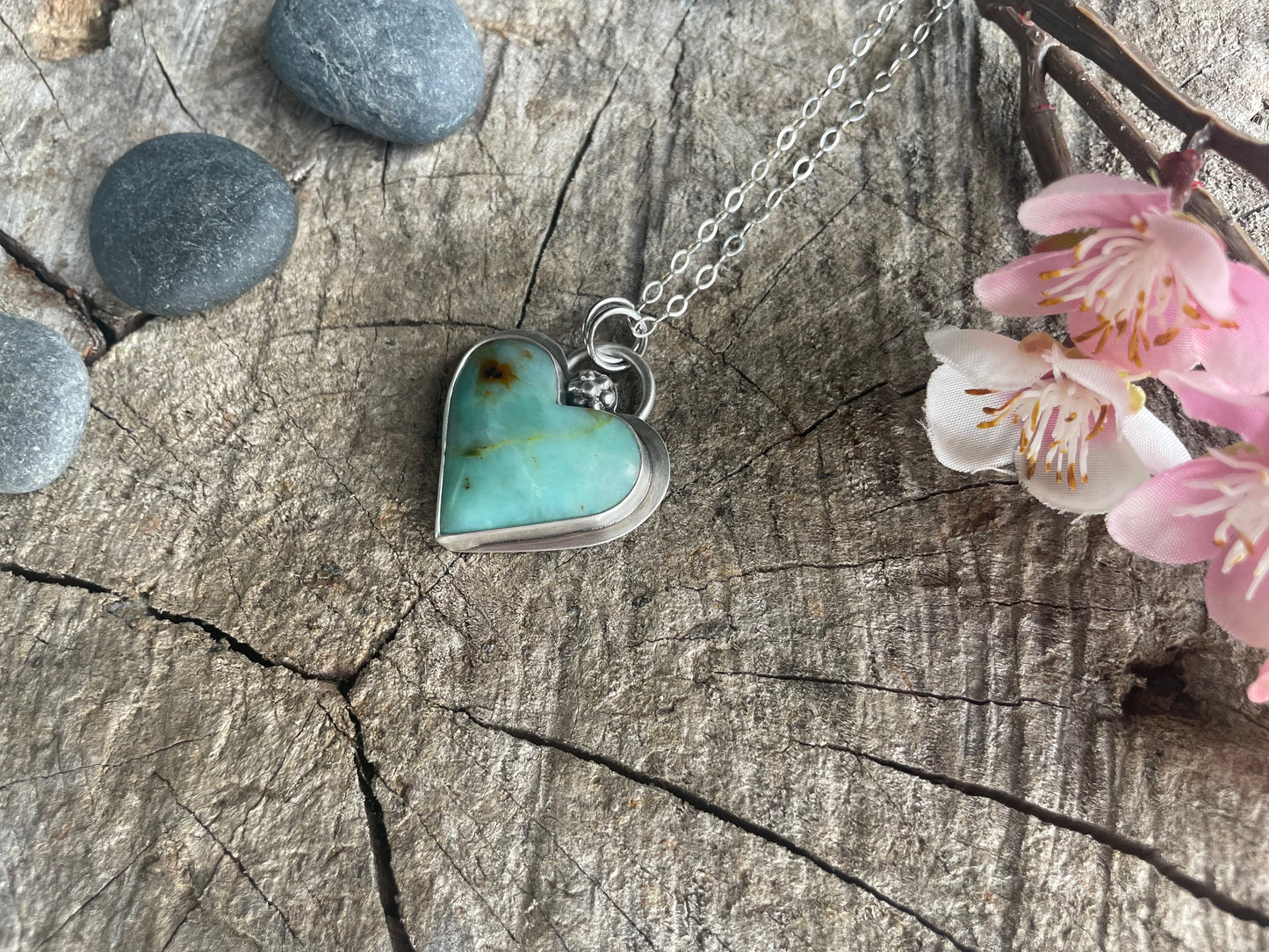 Baja Chrysocolla heart stone necklace pendant, symbolizing love, truth, growth, empowerment, silver