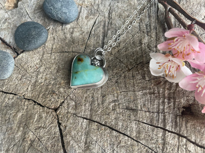 Baja Chrysocolla heart stone necklace pendant, symbolizing love, truth, growth, empowerment, silver
