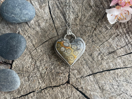 Fossil coral heart pendant necklace designed for grounding, emotional resilience, and inner strength. Meaningful heart jewelry for healing journeys.
